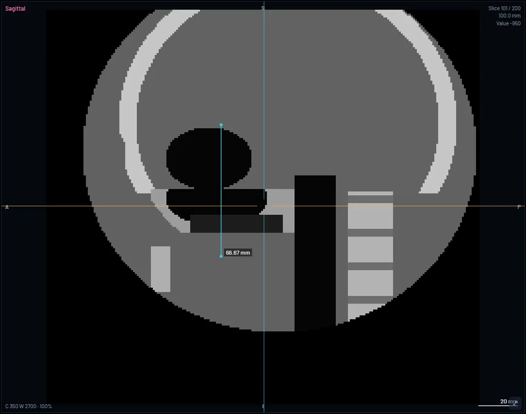 A sagittal slice of the demo test object with a length measurement of 66.67 mm drawn on it.