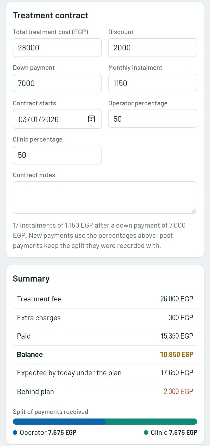 The account tab of a sample patient on a phone: the treatment contract with discount, down payment and monthly instalment, and a summary of the fee, payments and balance.