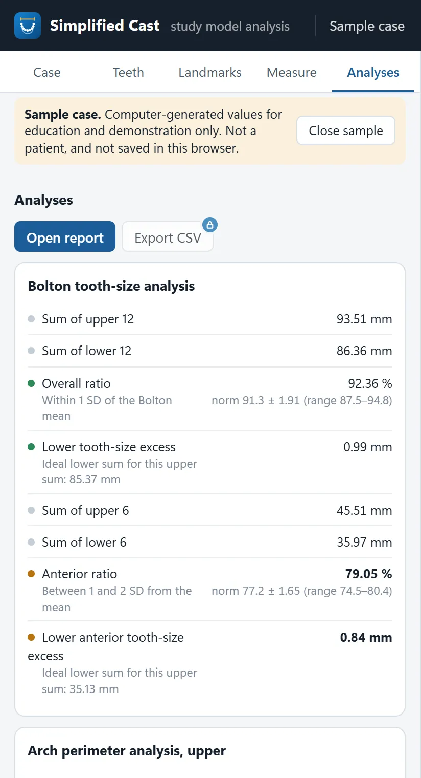 The Bolton tooth-size analysis for the sample case, with the overall and anterior ratios, each shown with its norm.